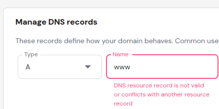 DNS error when adding A record for www due to existing CNAME conflict in Hostinger