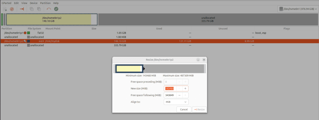 Partition giving all unmounted space